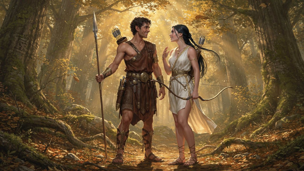 Artemisa y Orión cazando juntos en el bosque mitología griega - ASTRONOMIKA TV