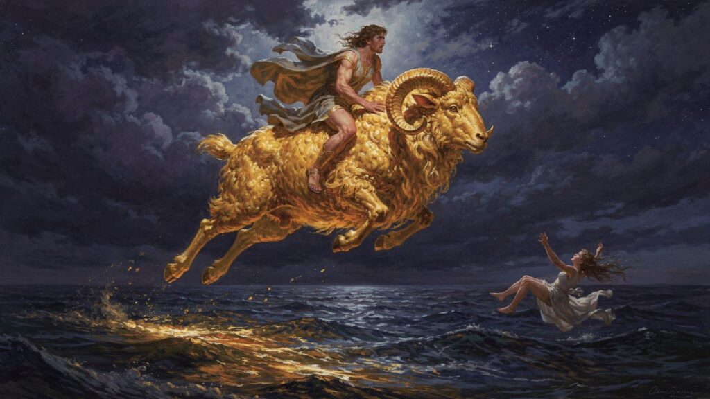 Aries constellation: Phrixus riding the golden ram as Helle falls into the Hellespont