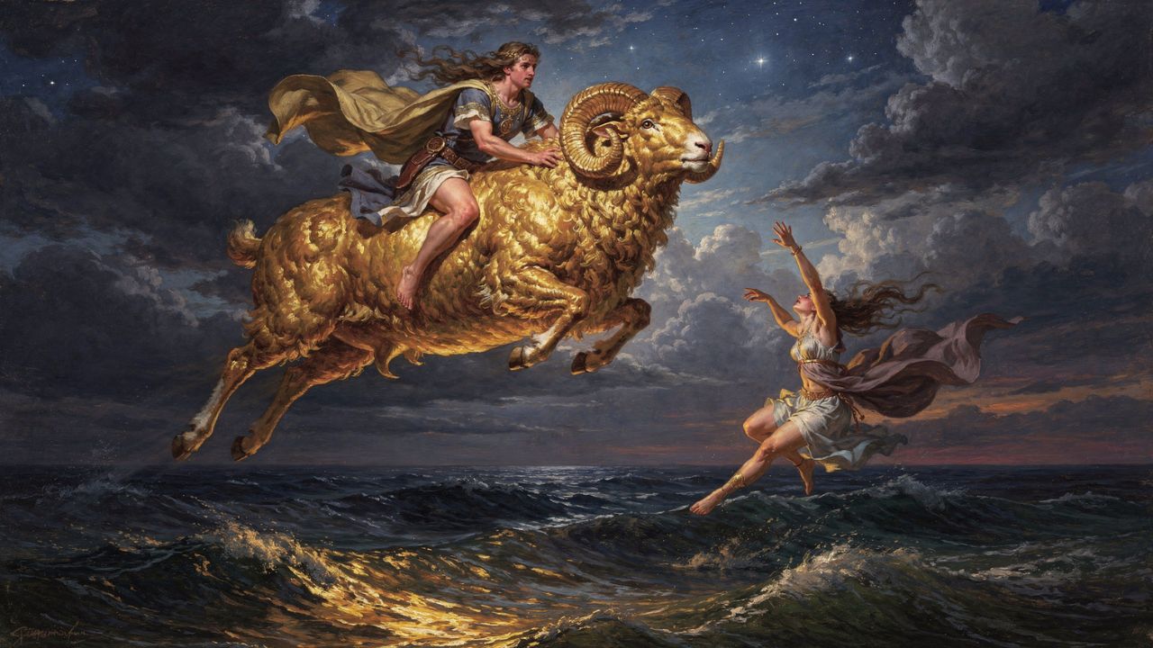 El carnero de oro emprende el vuelo sobre Beocia con Frixo y Hele a bordo, rumbo al este. Constelación de Aries - ASTRONOMIKA TV