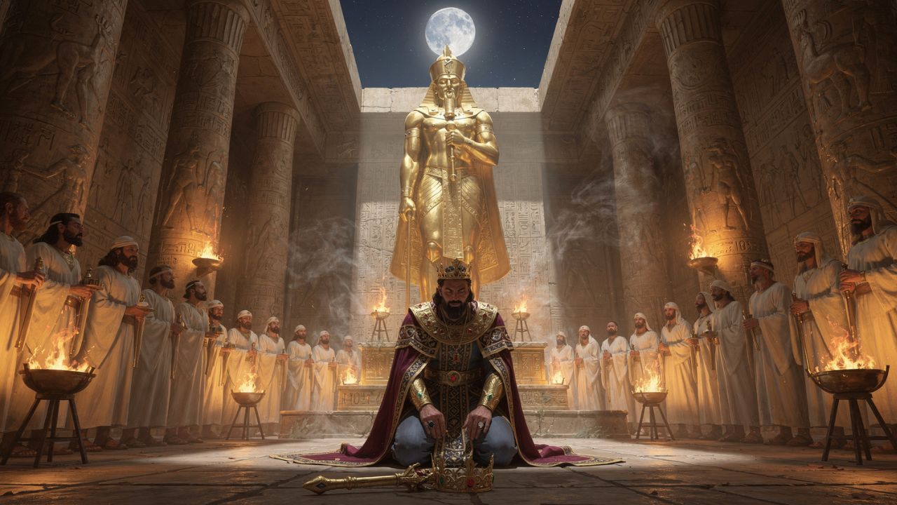 Ceremonia del Akitu babilónico: el rey arrodillado ante la estatua del dios Marduk