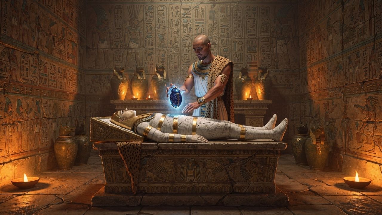 Sacerdote egipcio colocando escarabajo de lapislázuli sobre momia en cámara funeraria - ASTRONOMIKA TV
