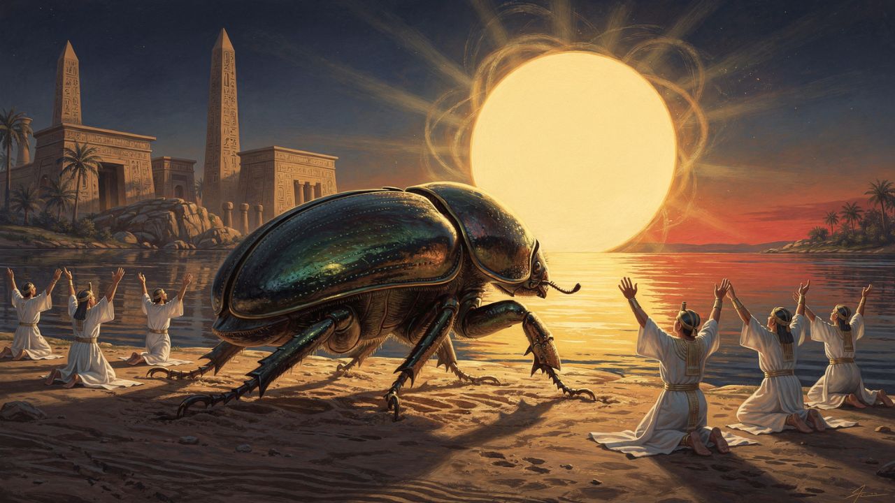 Khepri el dios escarabajo empujando el disco solar al amanecer en el Nilo - ASTRONOMIKA TV