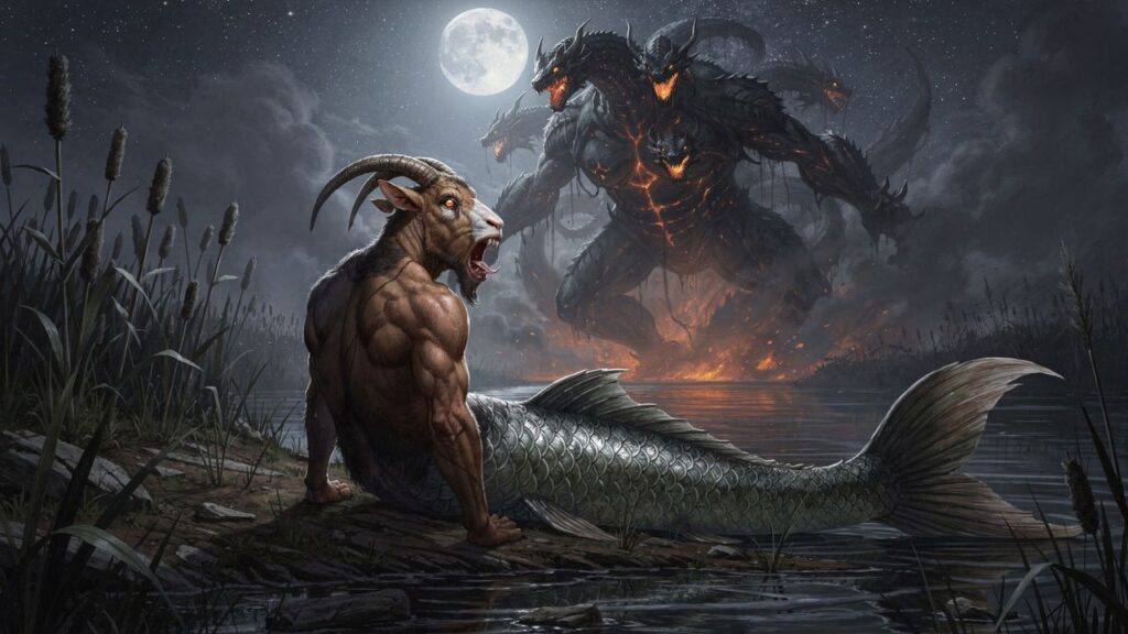 Capricorn constellation Pan half goat half fish facing Typhon on the banks of the Nile Greek mythology