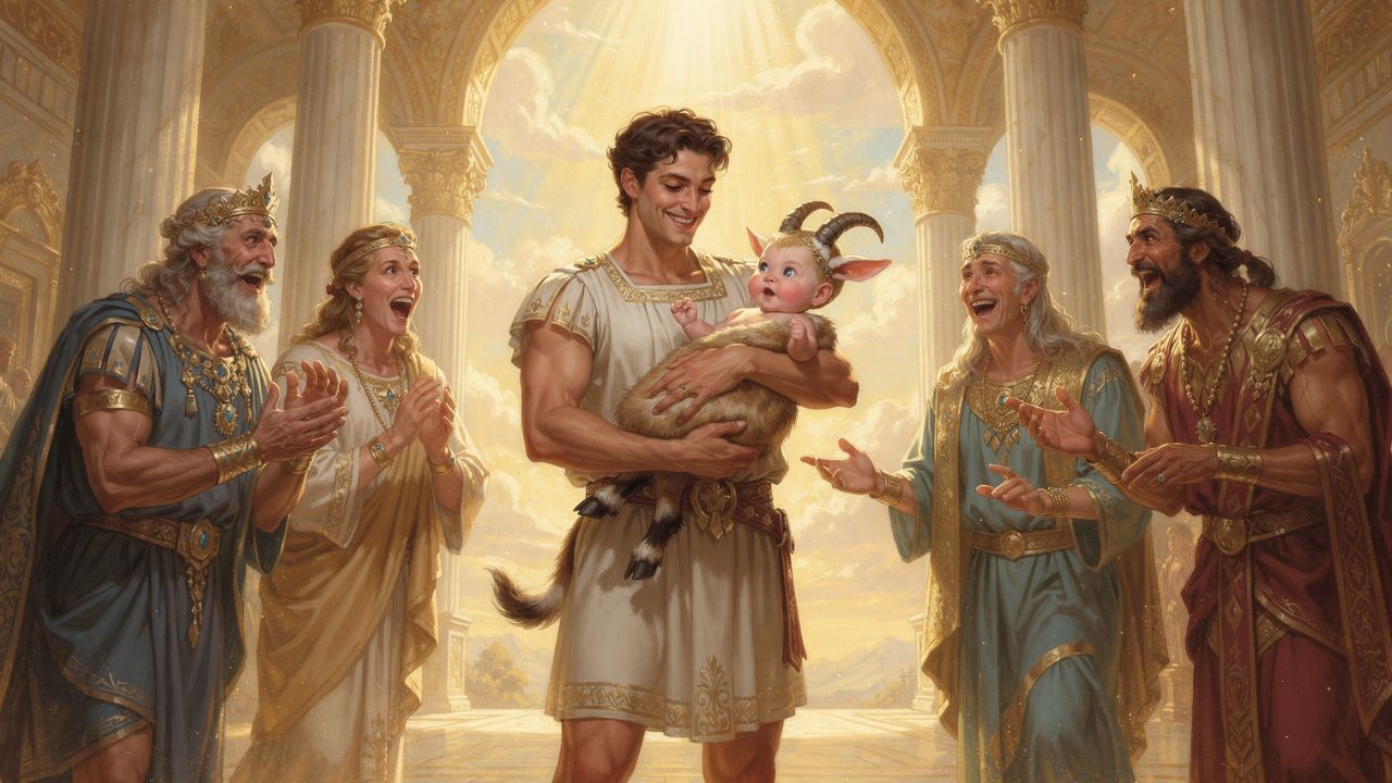 Hermes presenta a Pan recién nacido ante los dioses del Olimpo mitología griega