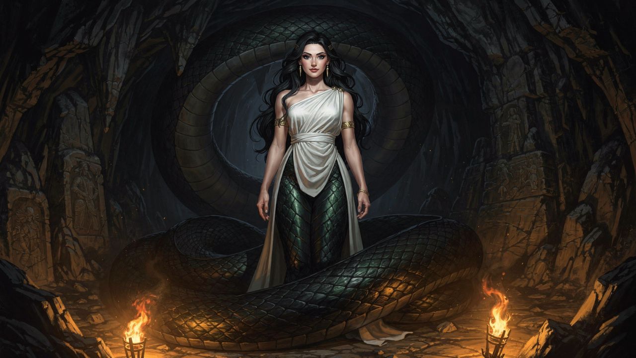 Delfine dracaena mitología griega mujer serpiente guardiana cueva Cilicia