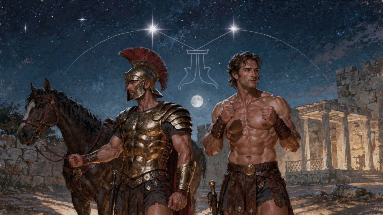 Cástor y Pólux como guerreros gemelos bajo el cielo estrellado de Géminis. ASTRONOMIKA TV
