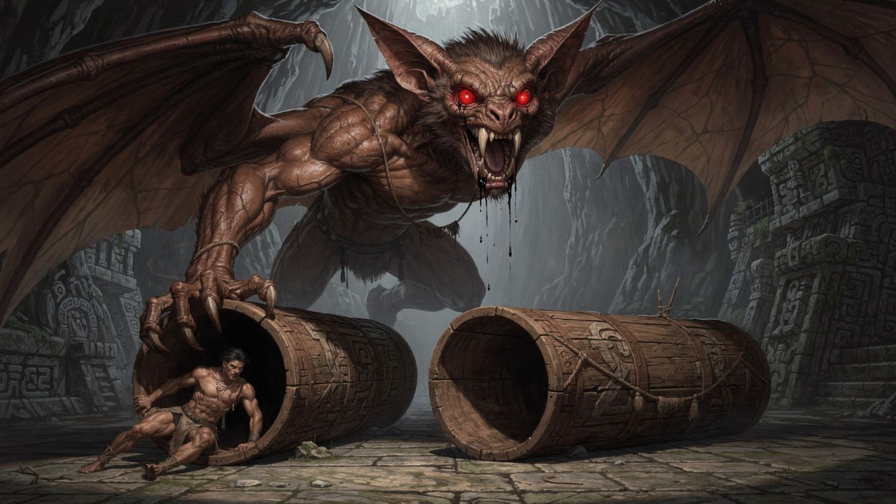 Camazotz, el dios murciélago, ataca a Hunahpú en la Casa de los Murciélagos. ASTRONOMIKA TV