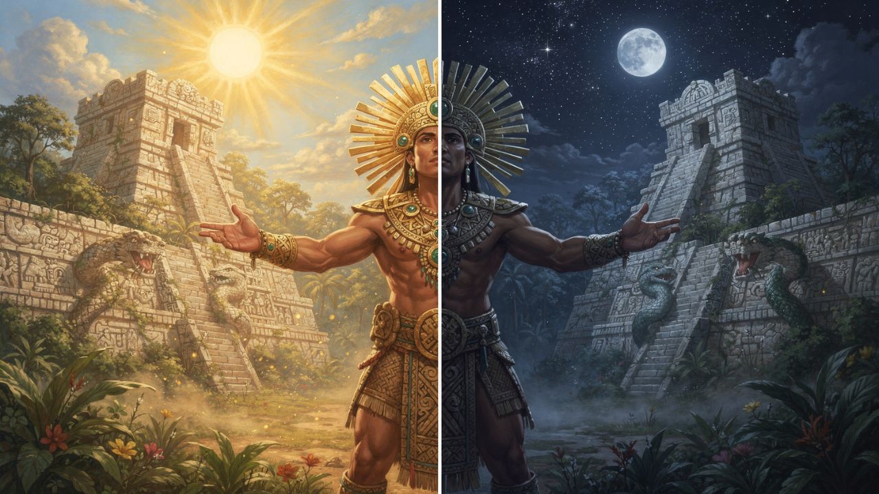 Hunahpú como el Sol e Ixbalanqué como la Luna, los gemelos mayas ascendiendo al cielo. ASTRONOMIKA TV