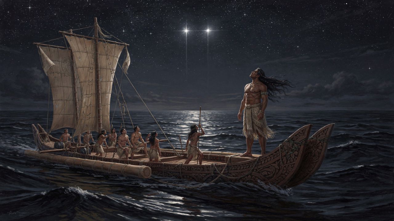 Navegante polinesio mirando a Nā Mahoe, Cástor y Pólux, desde una canoa en el Pacífico. ASTRONOMIKA TV