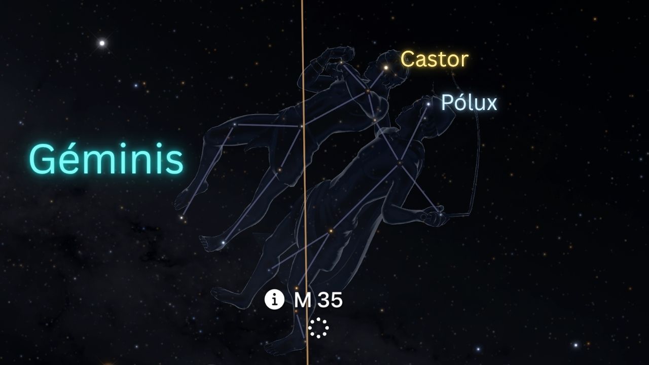 Constelación Géminis con Cástor, Pólux y M35 marcados en Sky Guide App. ASTRONOMIKA TV
