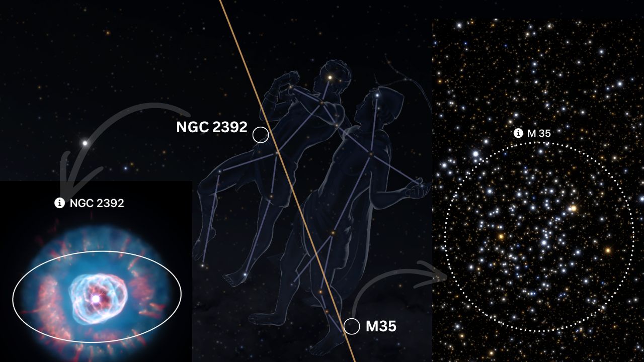 M35 y NGC 2392 en la constelación Géminis, imágenes reales de los objetos de cielo profundo. ASTRONOMIKA TV