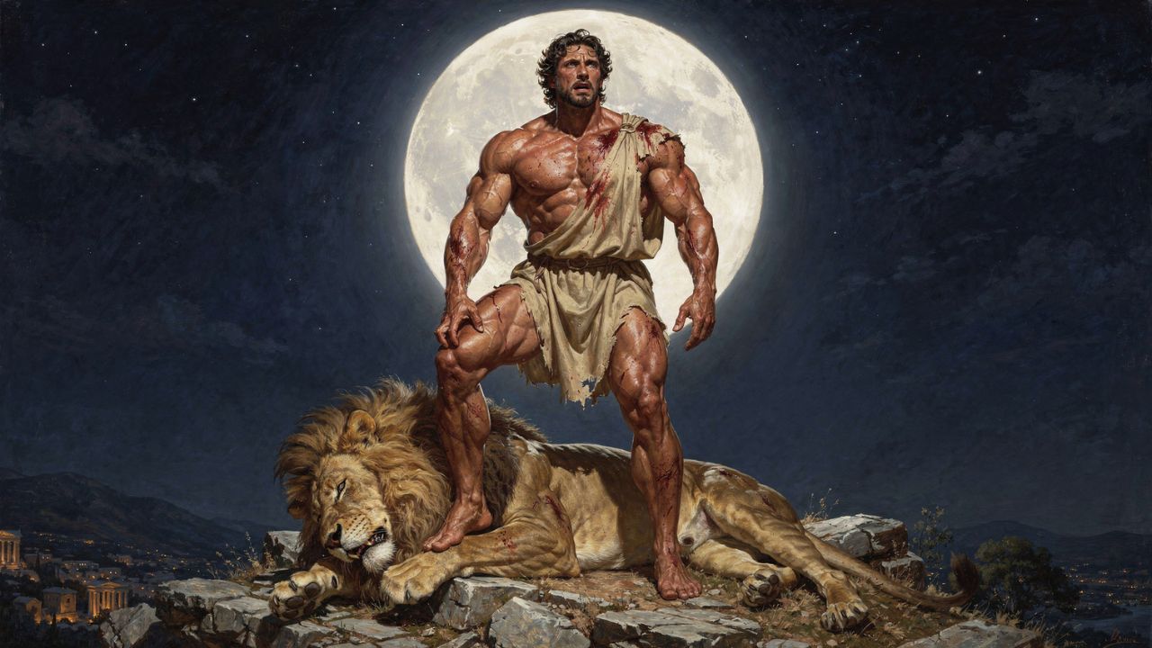 Hercules Greek mythology standing over the Nemean Lion under the full moon - ASTRONOMIKA TV