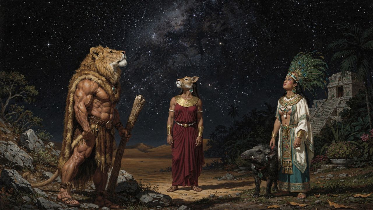 Hercules Sekhmet and Maya priest with peccary looking at the same starry night sky - ASTRONOMIKA TV