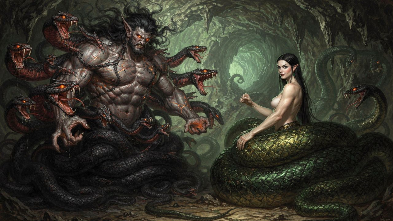 Typhon and Echidna Greek mythology monsters parents of the Nemean Lion - ASTRONOMIKA TV