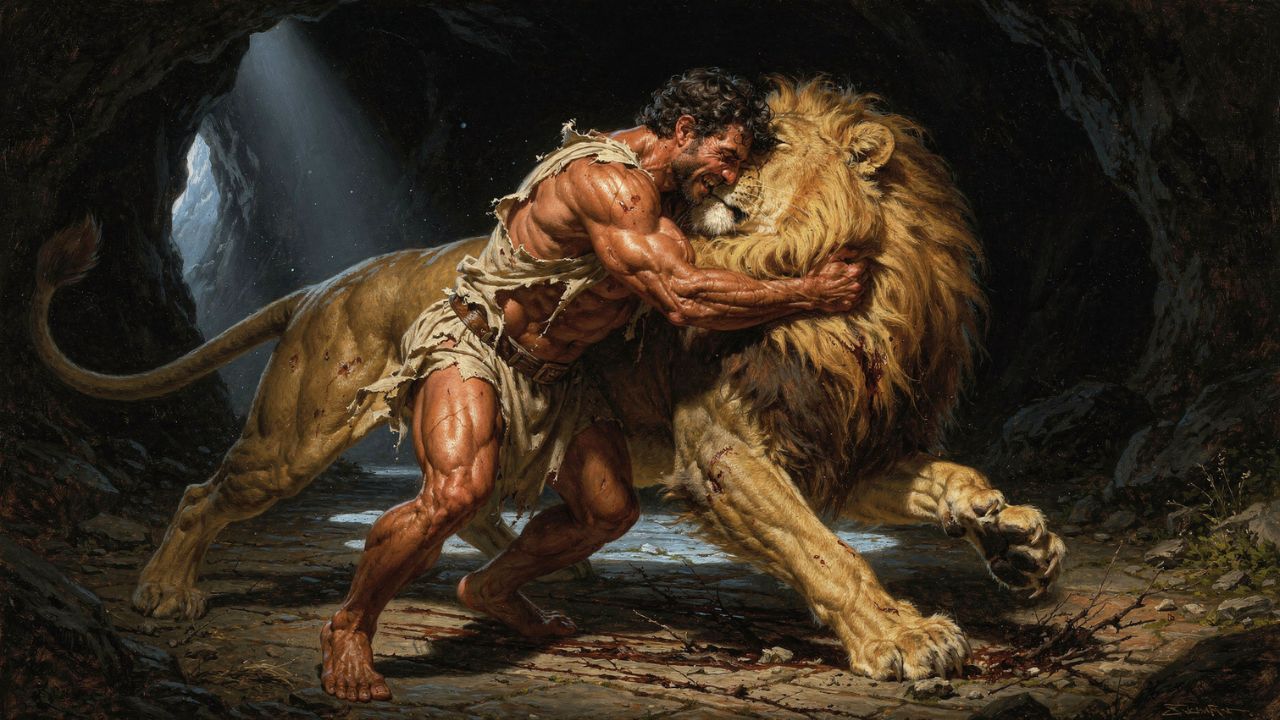 Hercules strangling the Nemean Lion with bare hands inside the cave - ASTRONOMIKA TV