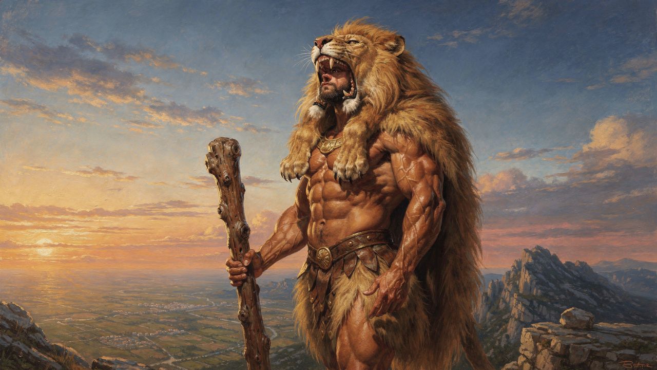 Hercules wearing the Nemean Lion skin as armor at dawn - ASTRONOMIKA TV