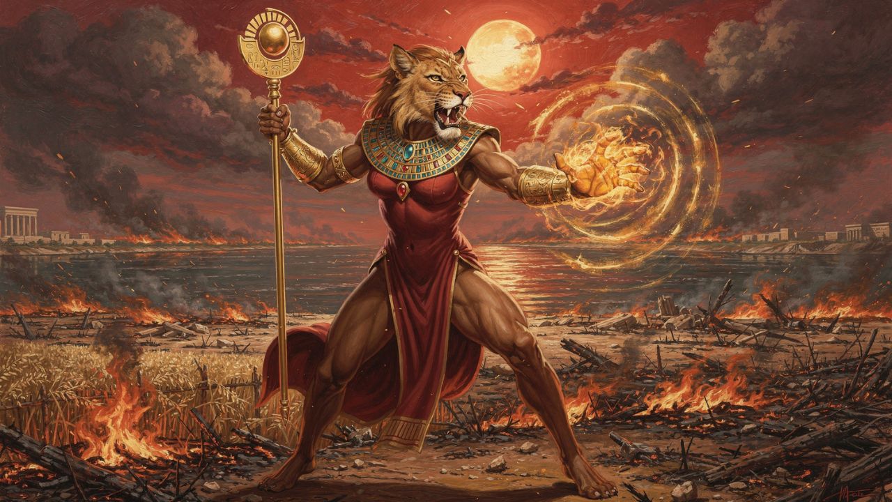 Sekhmet Egyptian lioness goddess destroying humanity with burning fields behind her - ASTRONOMIKA TV