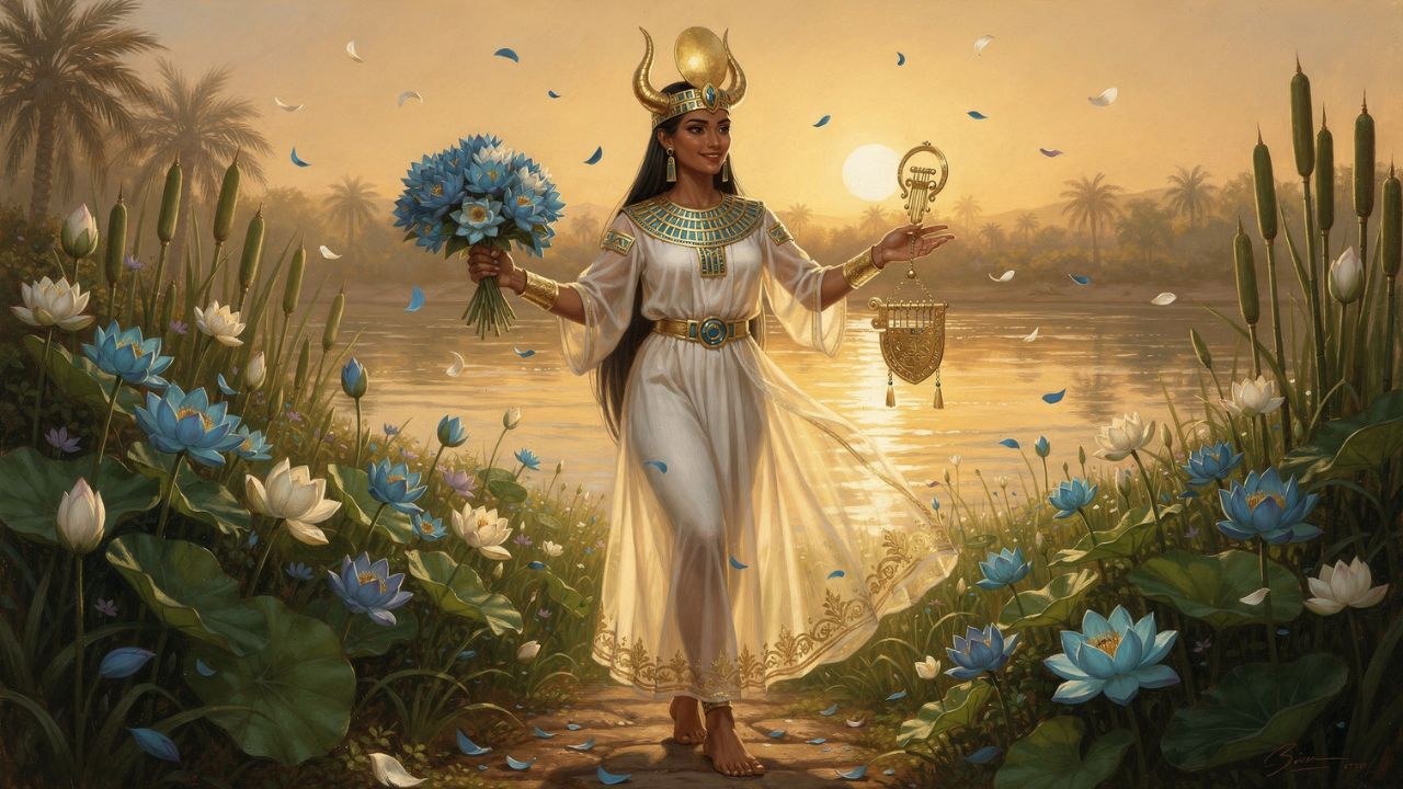Hathor Egyptian goddess of love with solar horns lotus flowers and the Nile in background - ASTRONOMIKA TV