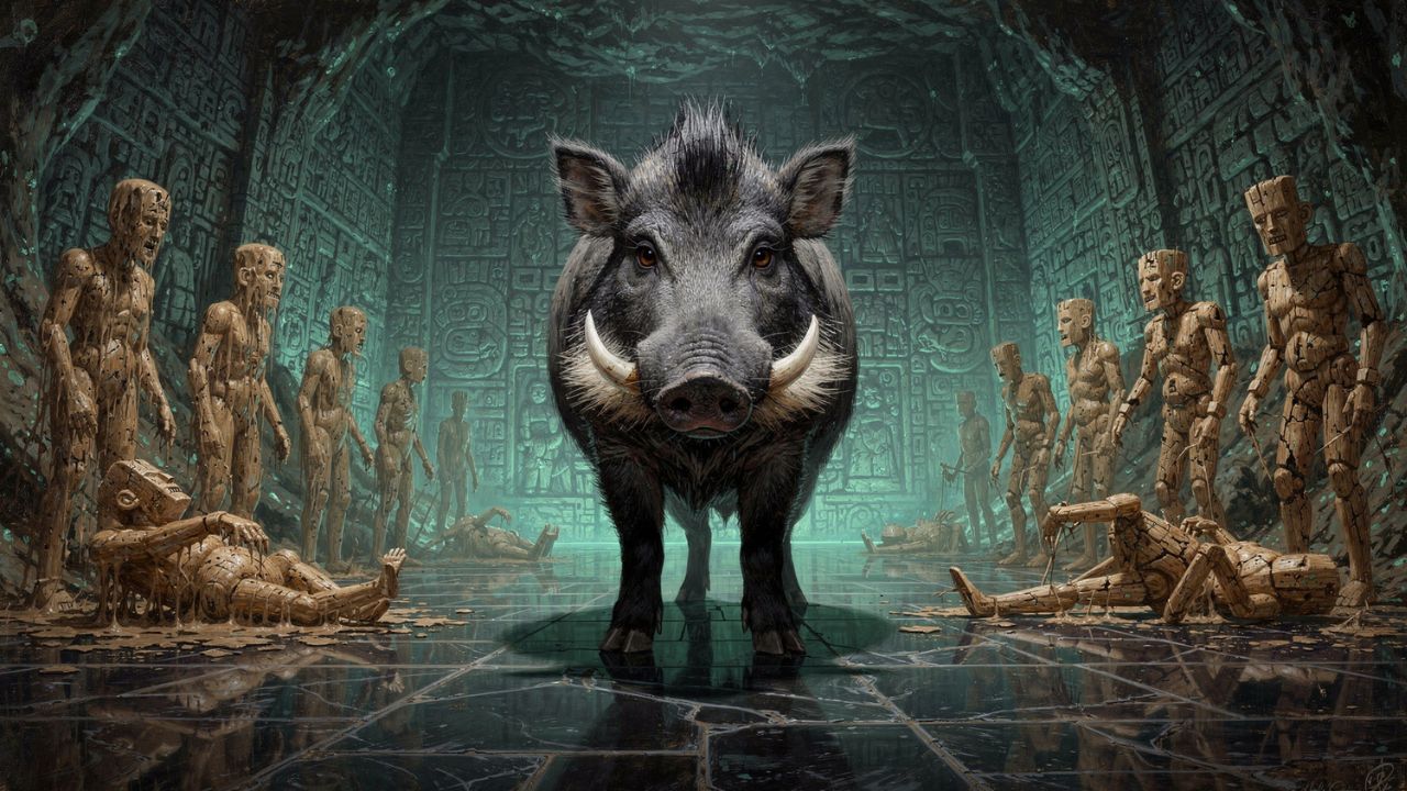 Sacred Maya peccary in the underworld Xibalba surrounded by failed clay and wooden figures - ASTRONOMIKA TV