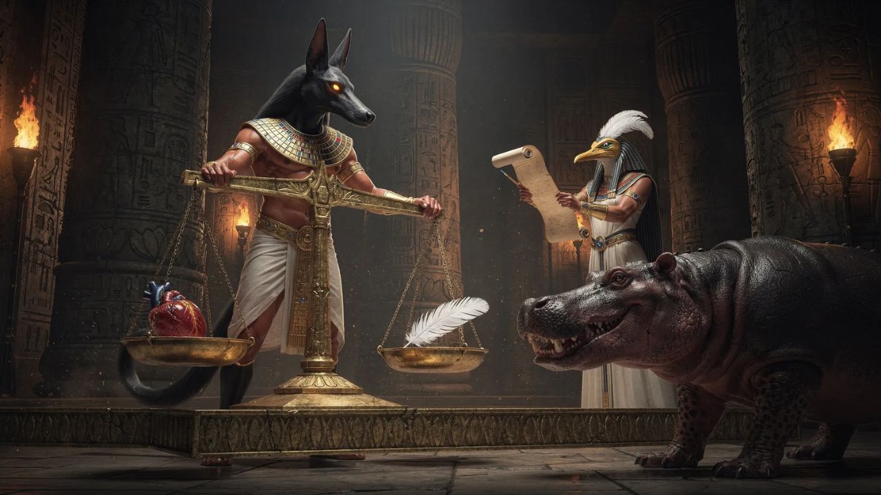 Anubis juicio Osiris balanza corazón pluma Maat Egipto - ASTRONOMIKA TV