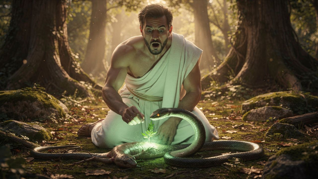 Asclepio observa serpiente revelar hierba secreta vida mitología griega - ASTRONOMIKA TV