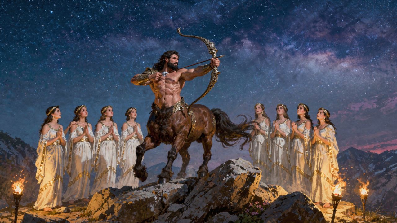 Croto centauro arquero con las Musas en el Monte Helicón constelación de Sagitario - ASTRONOMIKA TV