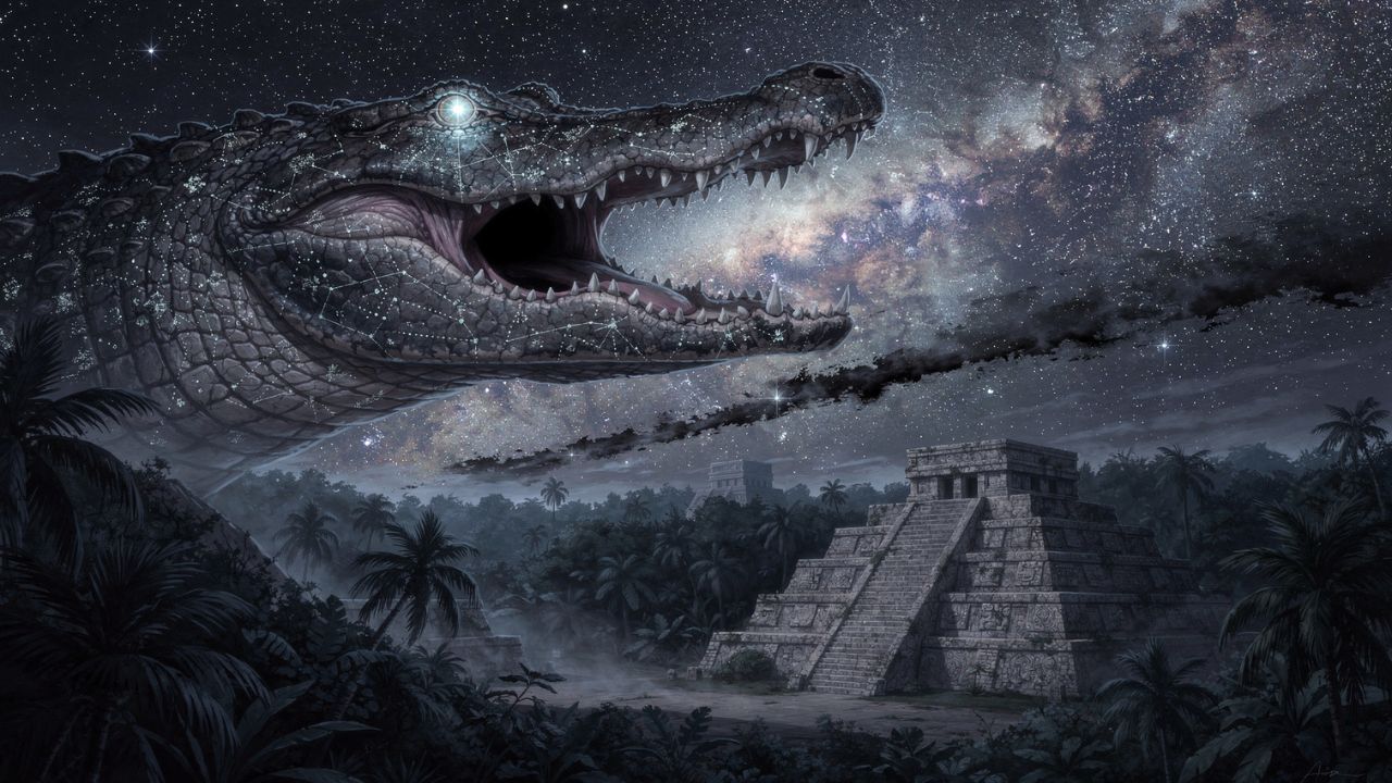 Cocodrilo cósmico maya Xibalba Be boca del inframundo pirámide Chichén Itzá Vía Láctea - ASTRONOMIKA TV