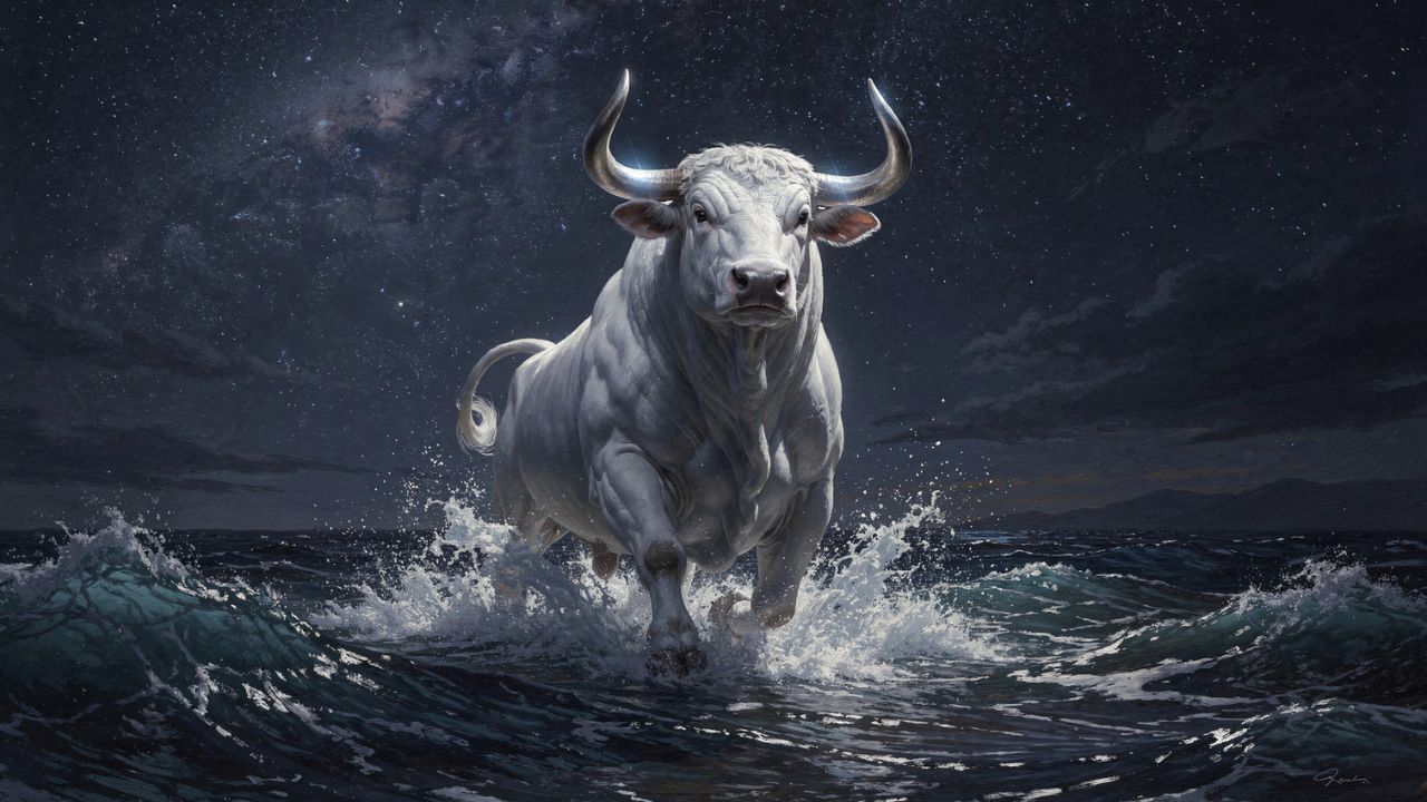 Zeus transformado en toro blanco emergiendo del mar de noche, mitología griega constelación de Tauro