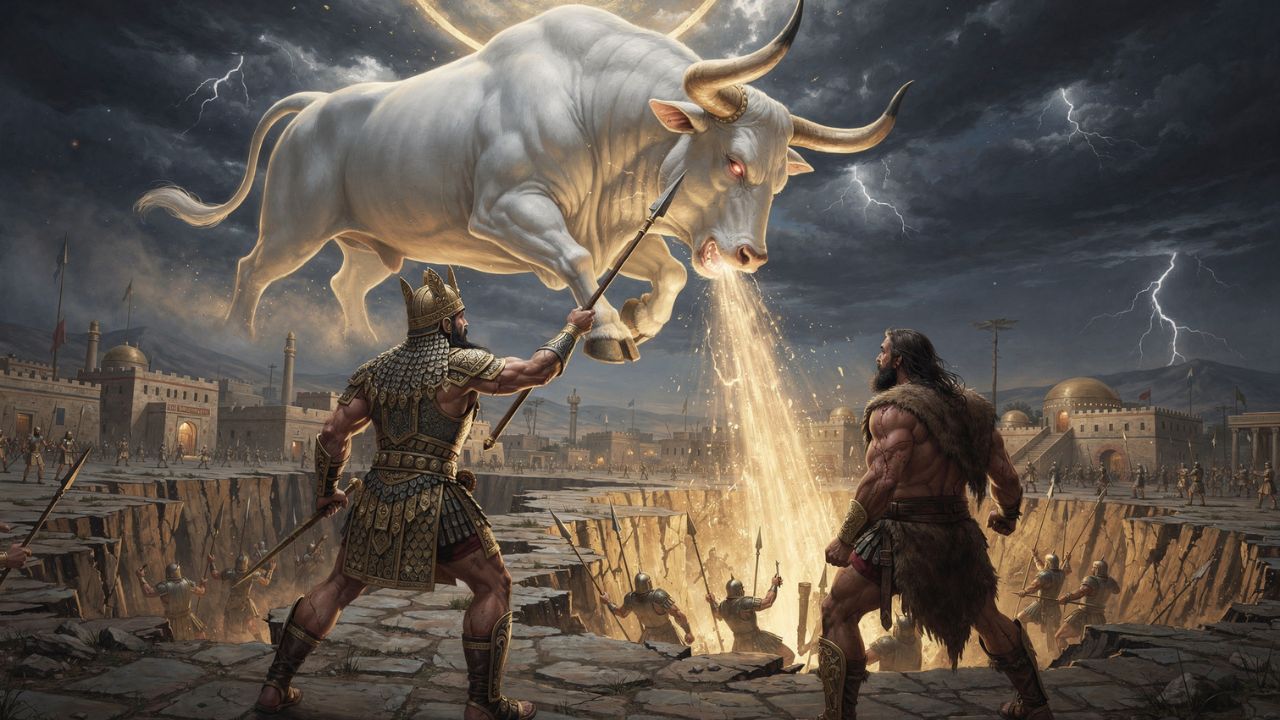 Gudanna el Toro del Cielo descendiendo sobre Uruk, Gilgamesh y Enkidu enfrentándolo, Epopeya de Gilgamesh