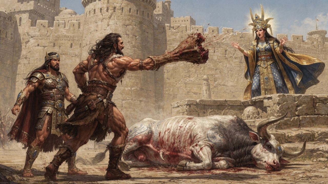 Enkidu aventando la pata del Toro del Cielo a Ishtar en los muros de Uruk, Epopeya de Gilgamesh