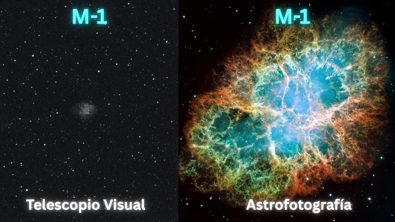 Comparativa M1 Nebulosa del Cangrejo vista con telescopio visual versus astrofotografía, constelación de Tauro