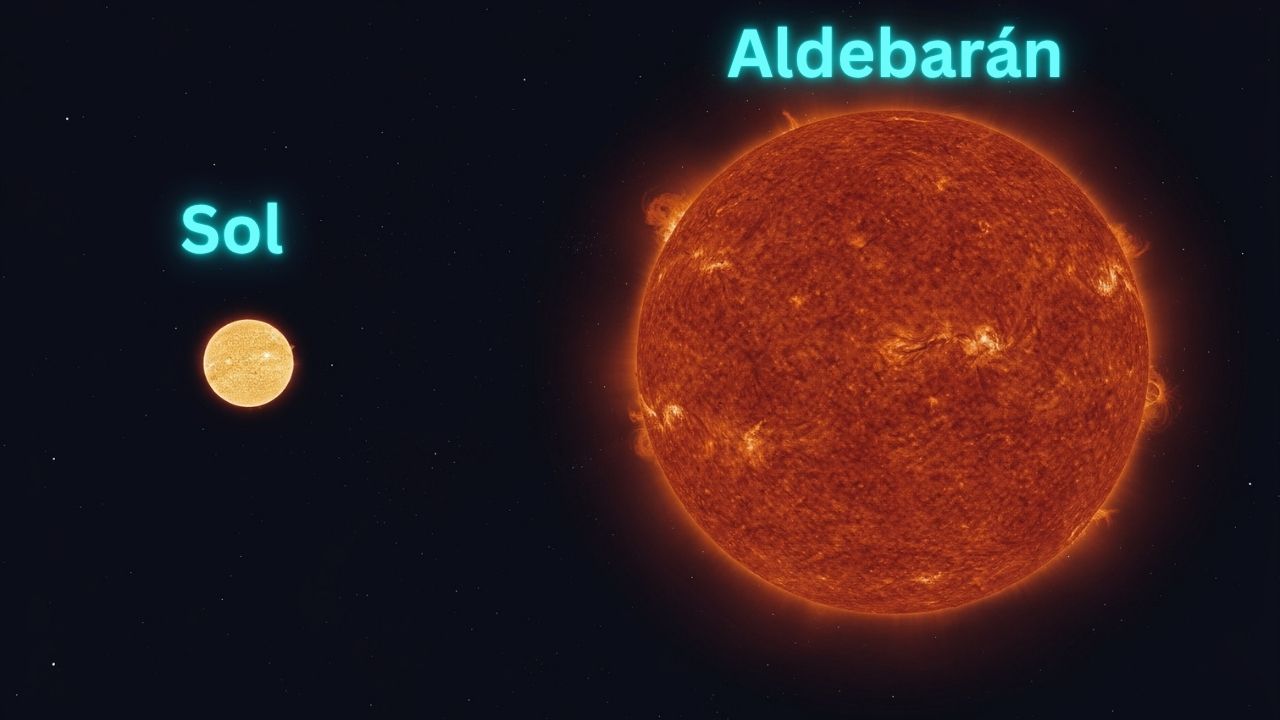 Comparación de tamaño entre Aldebarán y el Sol, Aldebarán es 44 veces más grande, constelación de Tauro