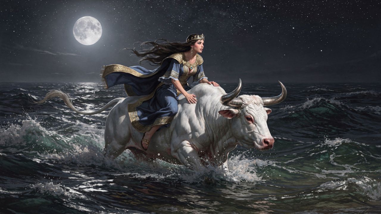 Europa en el lomo del toro blanco de Zeus cruzando el Mediterráneo de noche, mitología griega Tauro