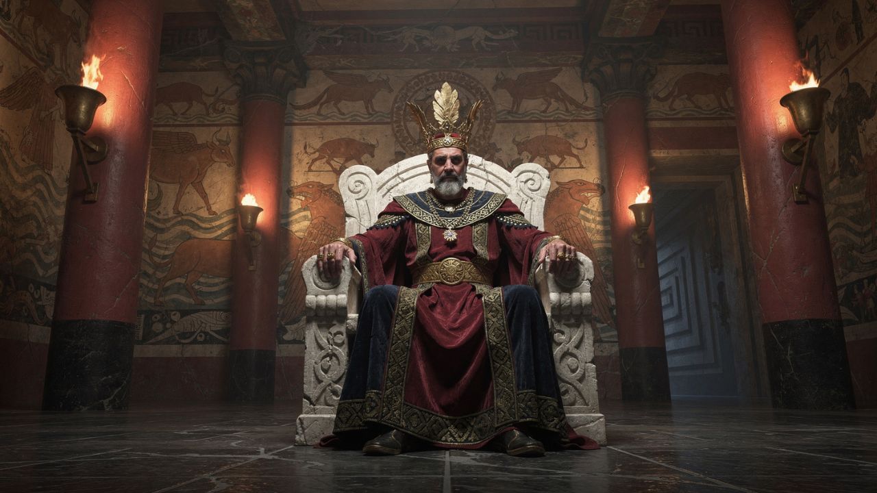 El rey Minos en su trono en el palacio de Cnosos, mitología griega constelación de Tauro