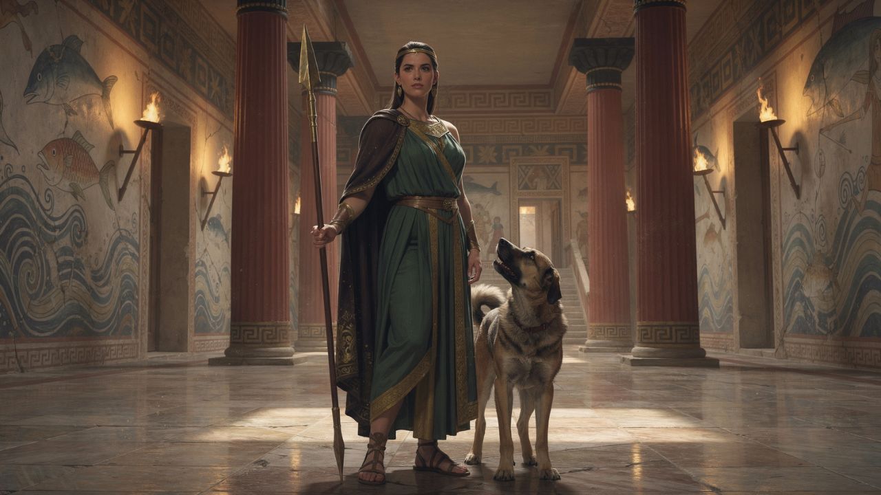 Procris con la jabalina infalible y el perro Lélape en el palacio de Cnosos, mitología griega Tauro