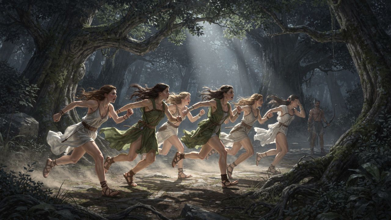 Las siete Pléyades huyendo por el bosque con la silueta de Orión al fondo, mitología griega constelación de Tauro