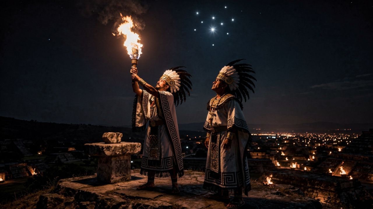 Ceremonia del Fuego Nuevo mexica en el Cerro de la Estrella, sacerdotes con antorcha y las Pléyades en el cielo nocturno