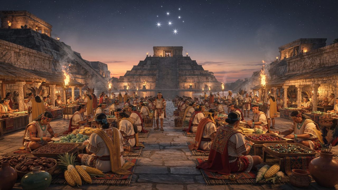 Tianquiztli el mercado mexica en Tenochtitlan con las Pléyades brillando en el cielo nocturno, cultura azteca