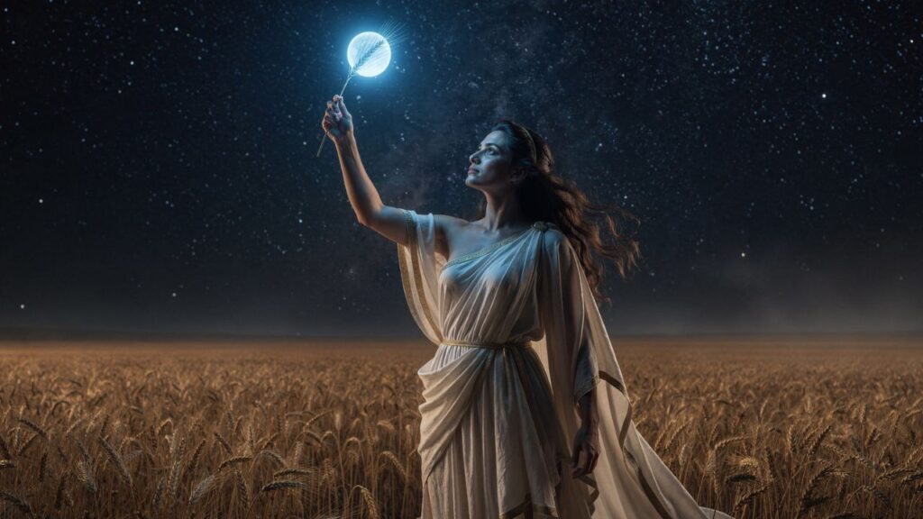 Virgo Greek goddess holding wheat stalk with Spica shining blue in the night sky - ASTRONOMIKA TV