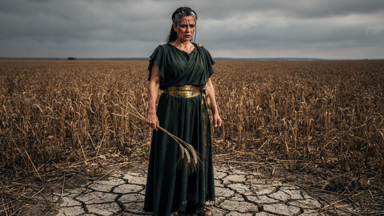 Demeter Greek goddess standing in dying wheat field expression of grief and fury - ASTRONOMIKA TV