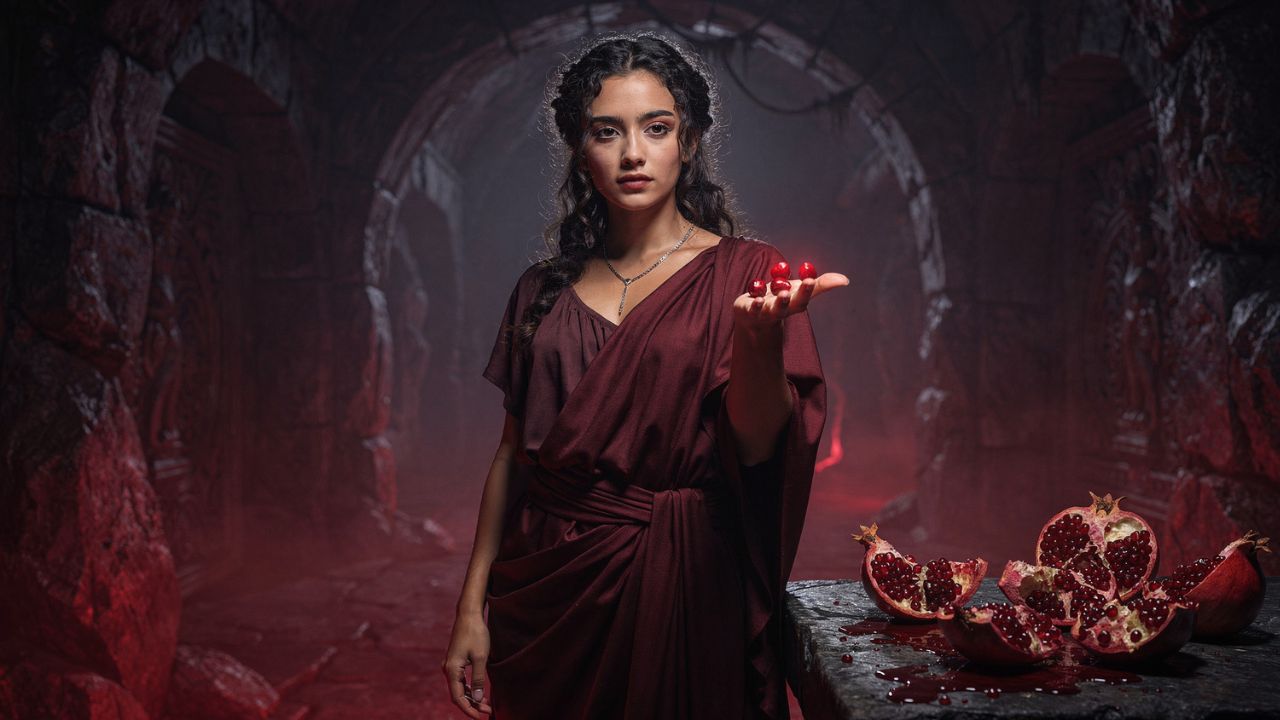 Persephone in the underworld holding six pomegranate seeds in her palm - ASTRONOMIKA TV