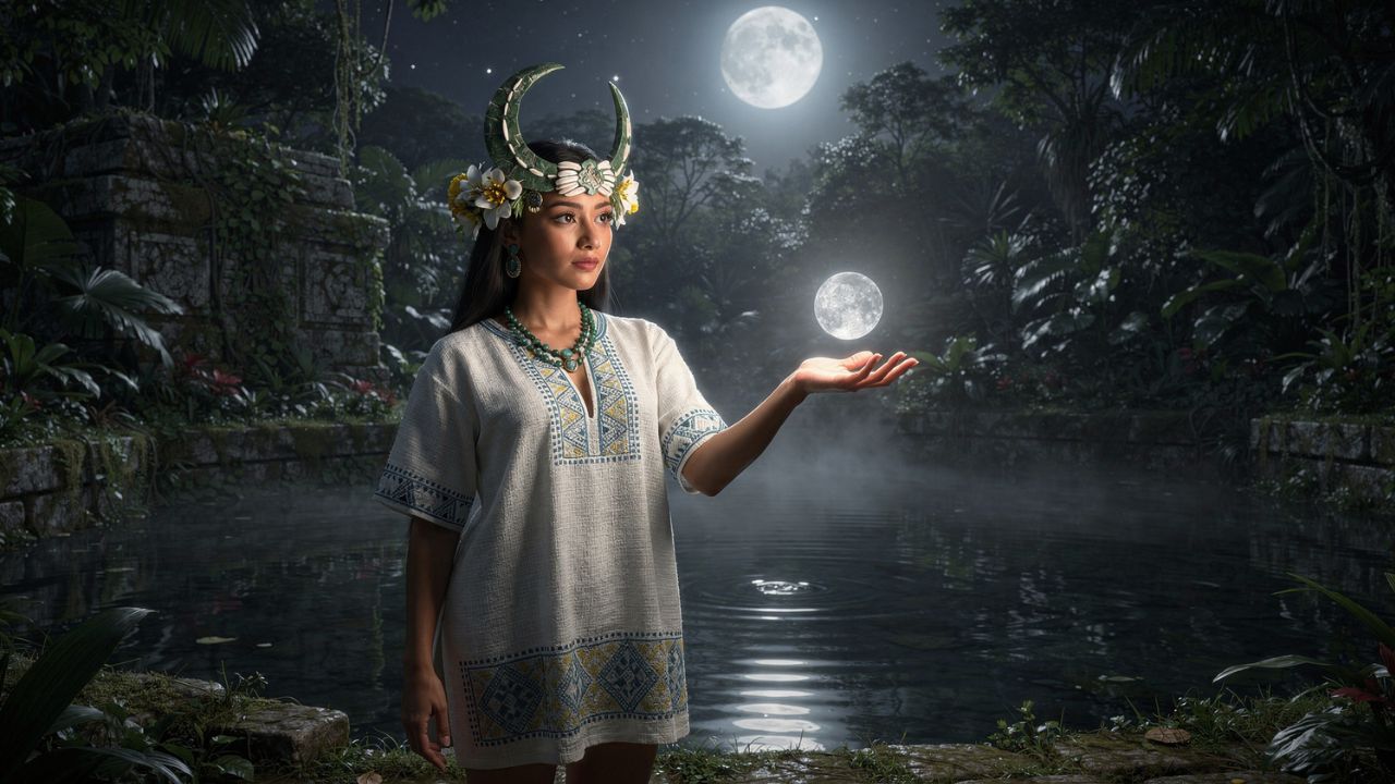 Young Ixchel Maya moon goddess by a night cenote with lunar headdress - ASTRONOMIKA TV