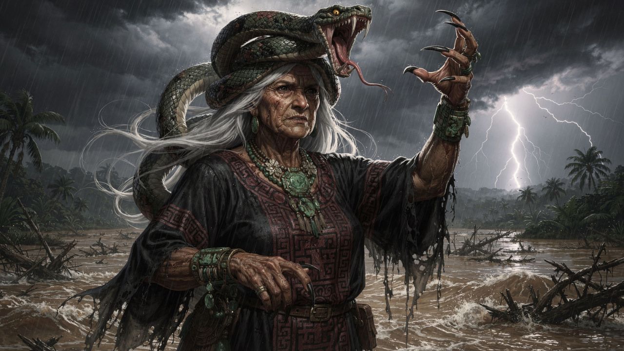 Old Ixchel Maya destroyer goddess with serpent headdress and claws stormy sky - ASTRONOMIKA TV