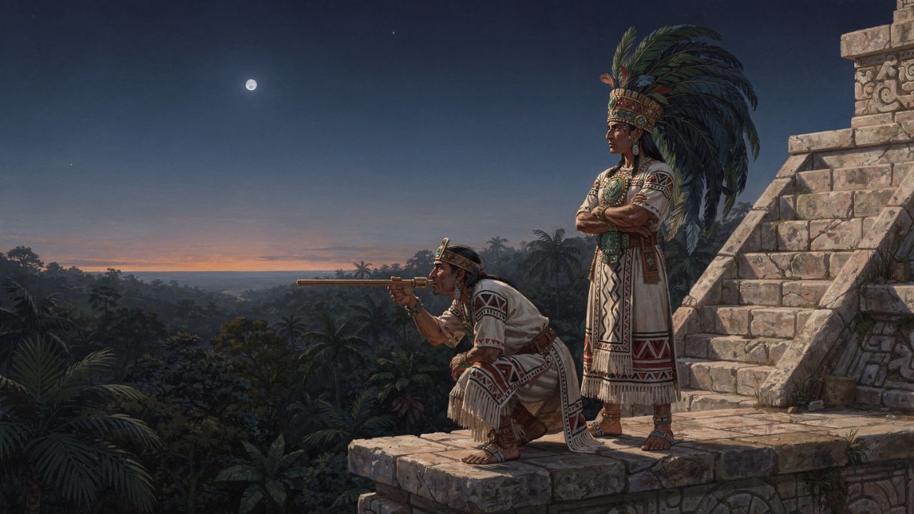 Maya astronomer priests on observatory platform watching star on the dawn horizon - ASTRONOMIKA TV