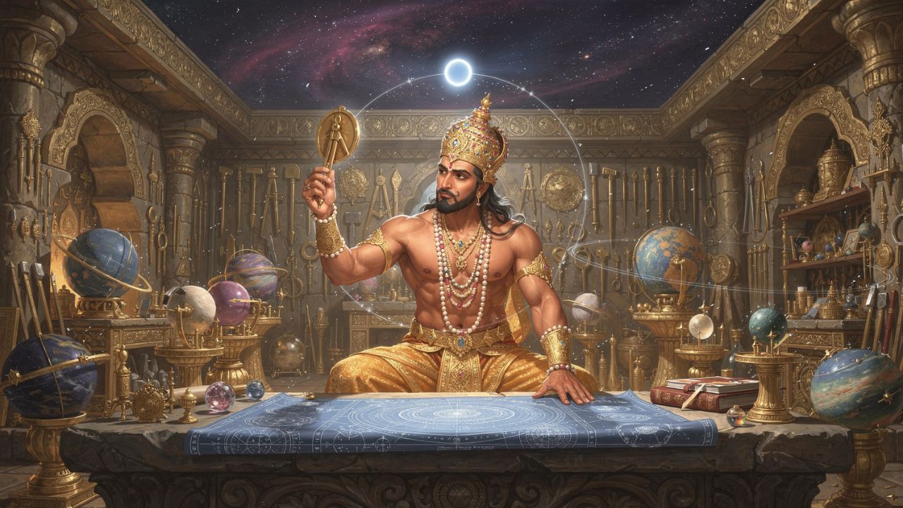 Vishvakarma Vedic divine architect in celestial workshop with golden tools and cosmic blueprints - ASTRONOMIKA TV
