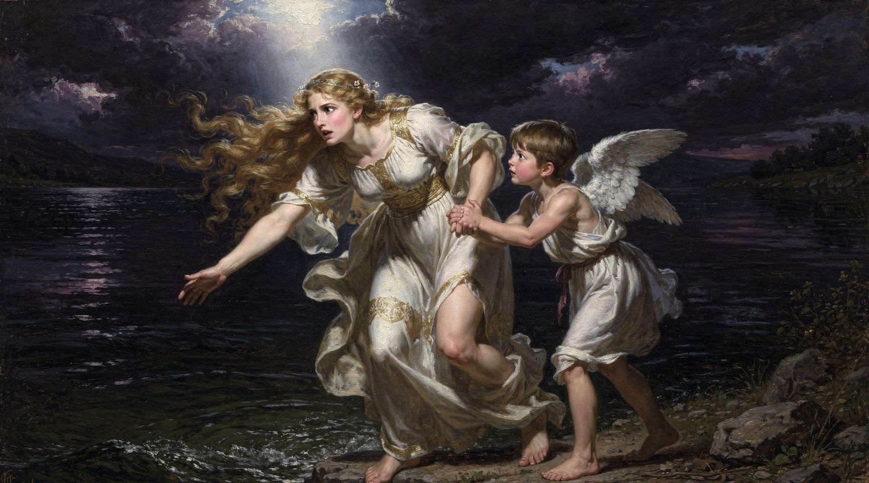 Afrodita y Eros huyendo hacia el río Éufrates la noche del Tifón constelación Piscis
