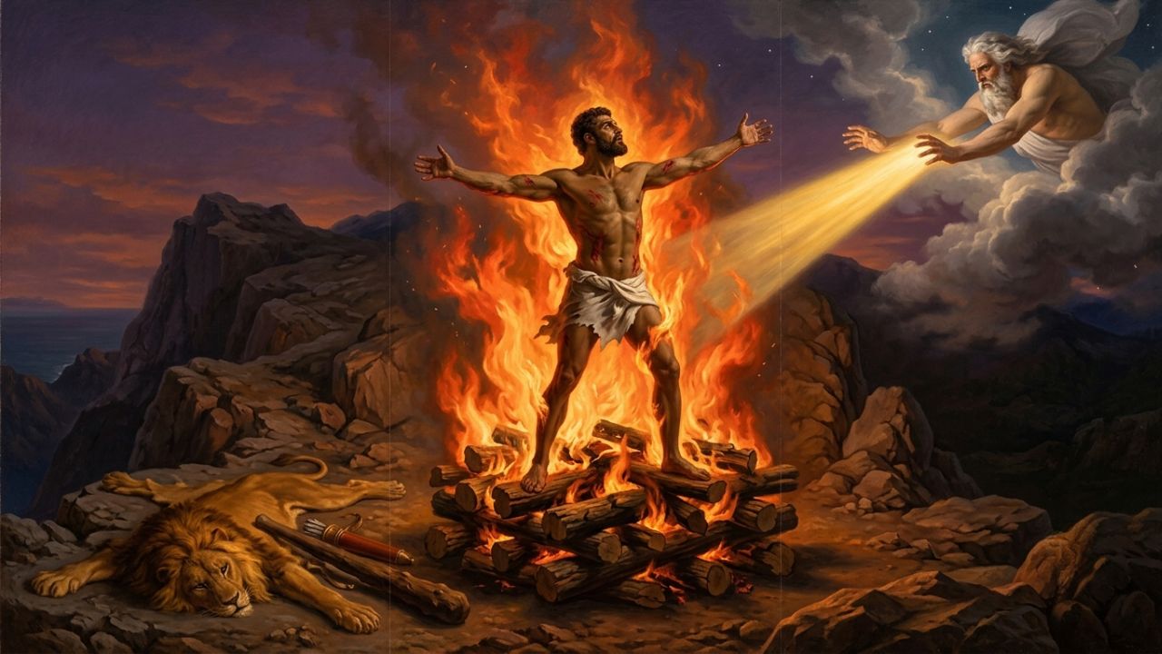 Hércules ardiendo en la pira funeraria mientras Zeus desciende para llevarlo al Olimpo - ASTRONOMIKA TV
