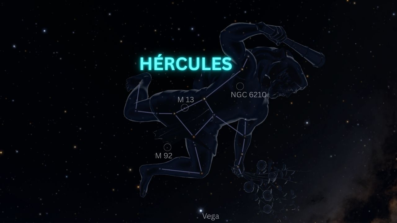 Mapa de la constelación de Hércules con M13, M92 y NGC 6210 etiquetados - ASTRONOMIKA TV
