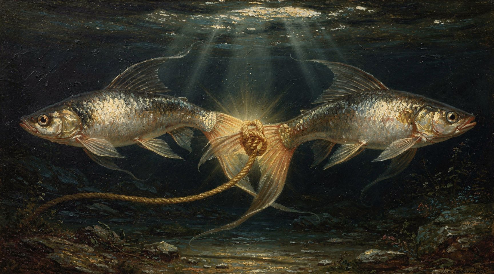 Los dos peces de Piscis atados por el cordón dorado Al Rischa mitología griega pintura clásica