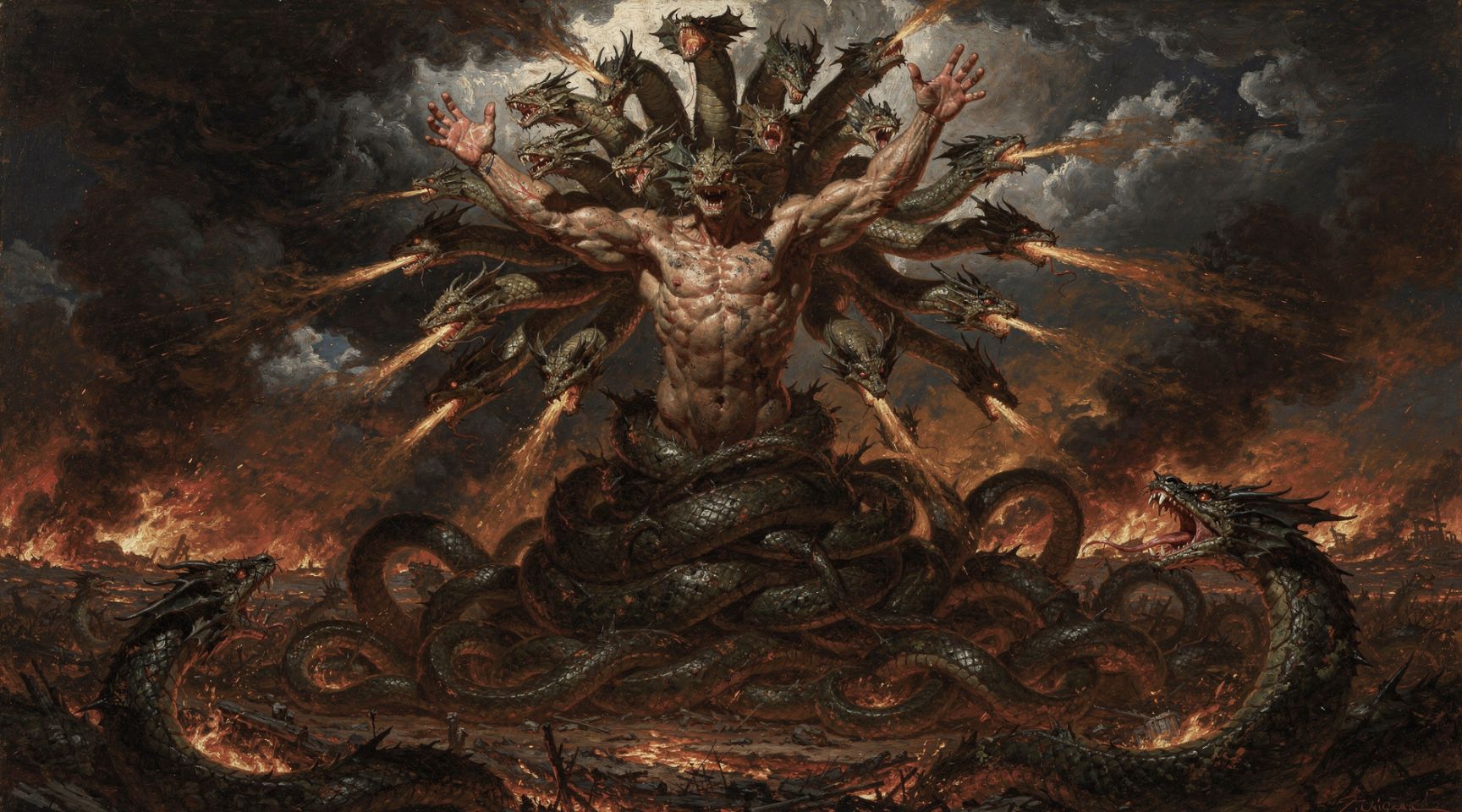 Tifón el monstruo griego con cien cabezas de dragón marchando hacia el Olimpo mitología griega